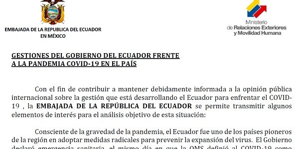 Ecuador, consciente de la gravedad de la pandemia